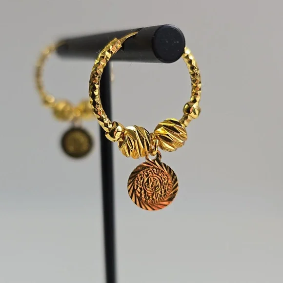Vintage Dangle Hoop Earrings — Textured Beads & Coin Charms - Picture 3 of 5
